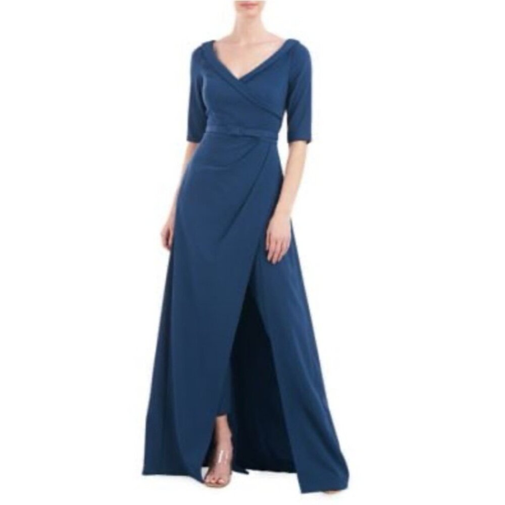 Kay Unger Maxi Walk-Through Jumpsuit Size 6 Ink Blue Collared Crepe $328 NEW